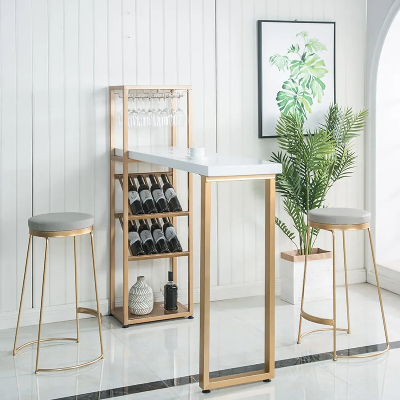 Glam White-Gold 2-Tier Shelves Bar Tables with Stemware Holders