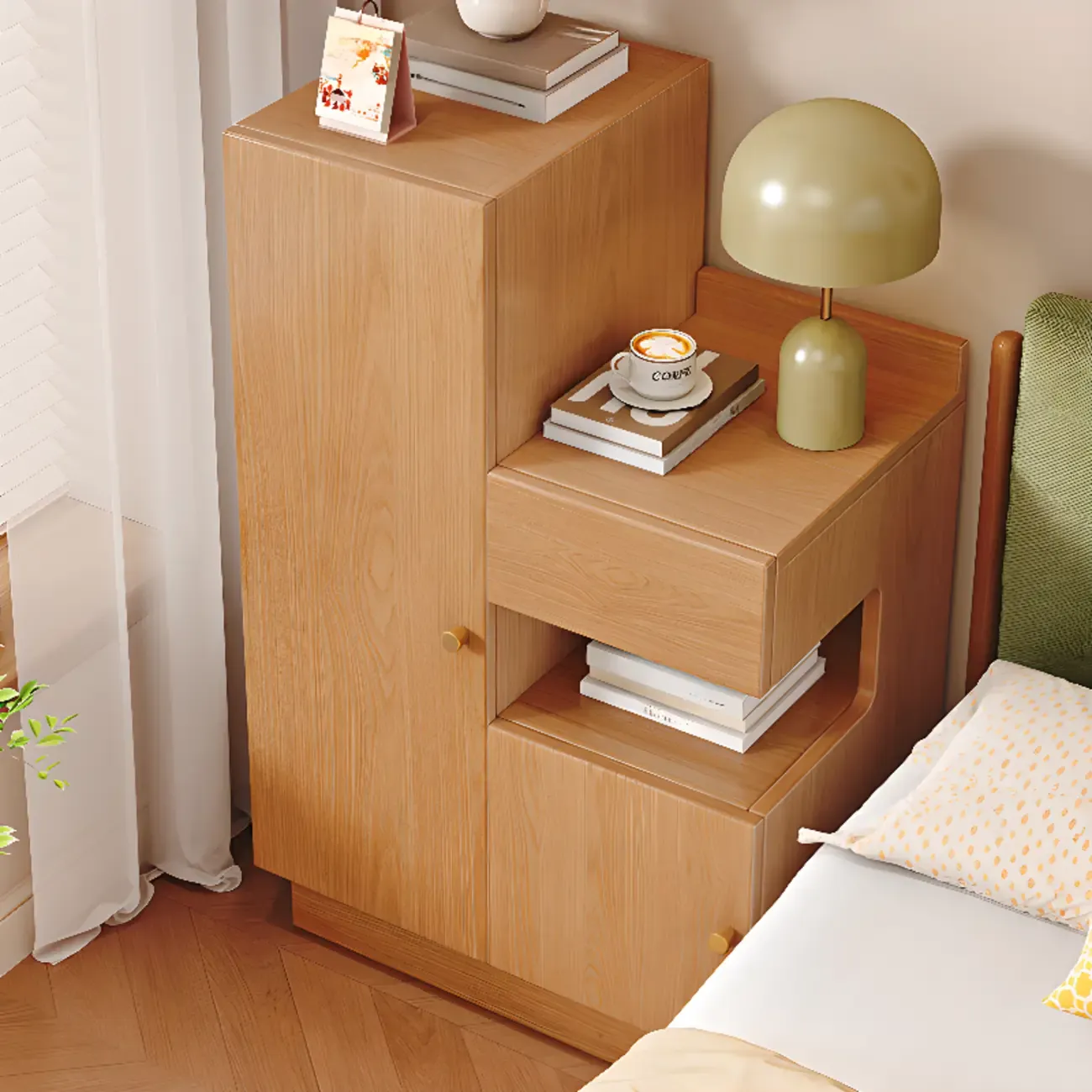Casual Wood Color Rectangle Nightstand with 3 Cabinets