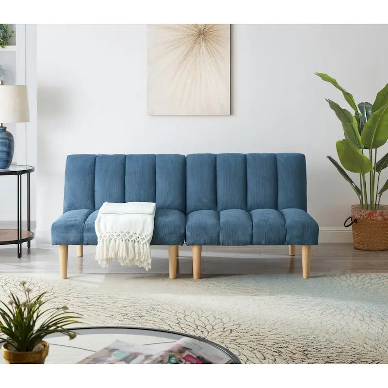 Corduroy Fabric, Wooden Legs Convertible Sofa Bed (Color:Blue)