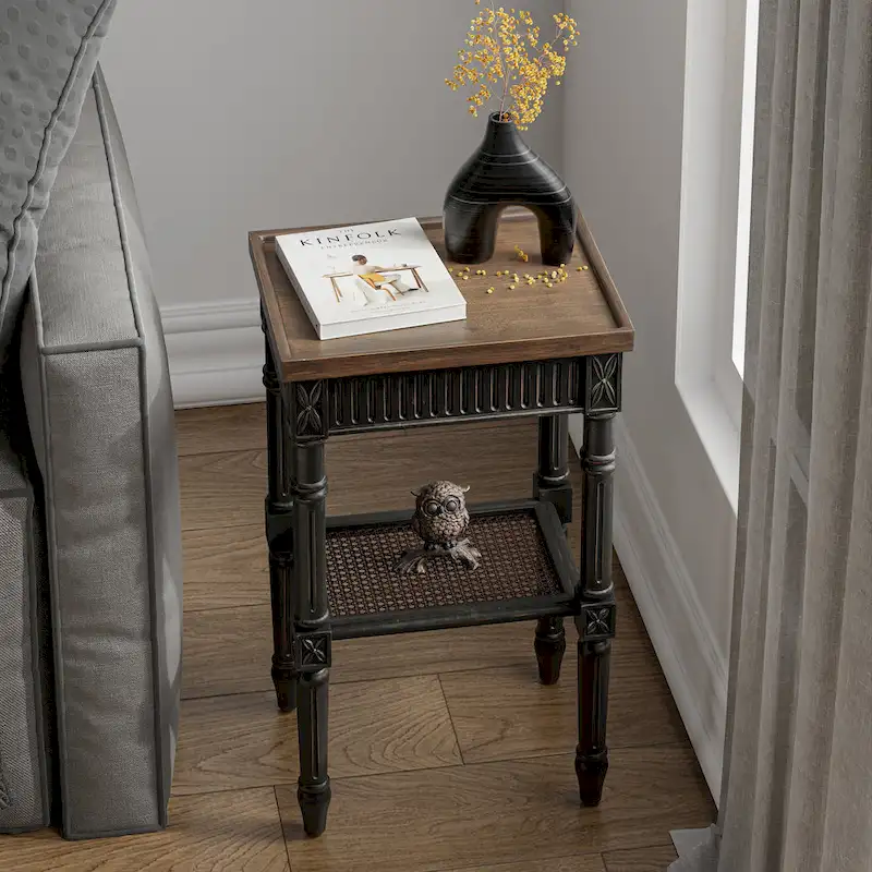 French Country Side Table, White/Black, Tray Top & Wicker Shelf, Distressed