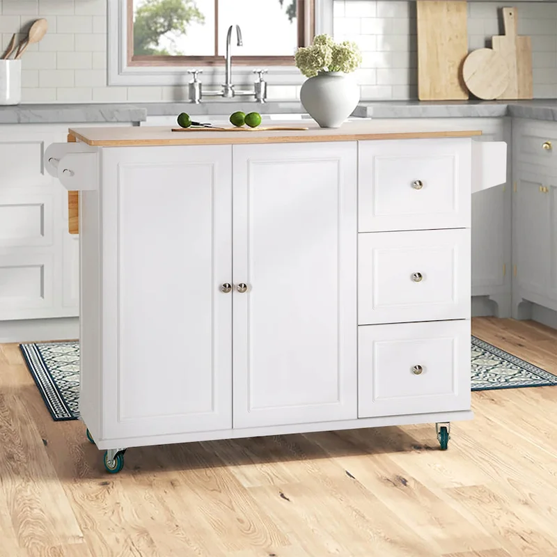 Kitchen Island Cart with Drop-Leaf and Rubber Wood Top, Rolling Kitchen Trolley Cart Cabinet