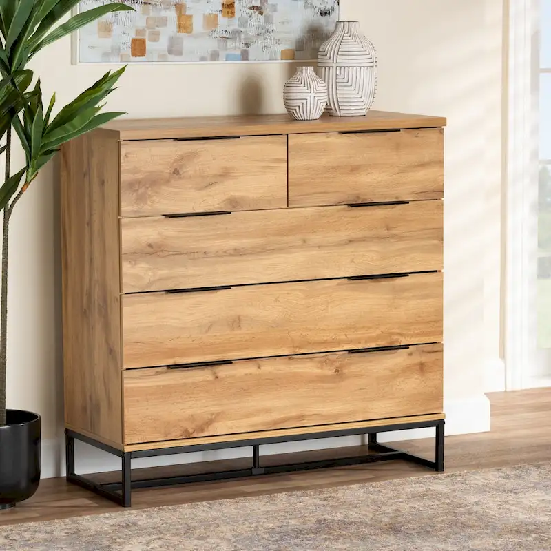 Franklin Oak Wood and Black Metal 5-drawer Bedroom Chest