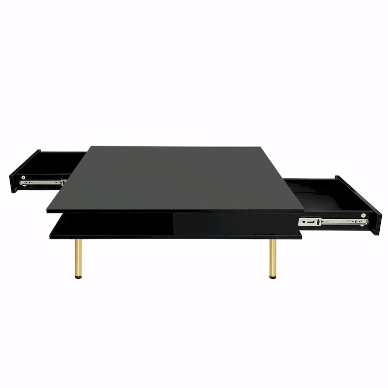 High Gloss Coffee Table: 4 Golden Legs, 2 Drawers, 2-Tier Square Design