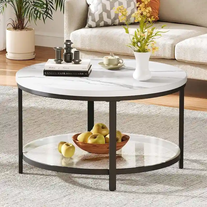Industrial 2-Tier Round Coffee Table with Shelf