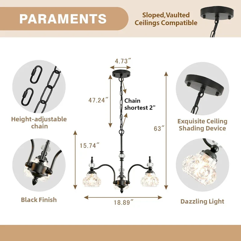 Modern 3-Light Pendant Lights with Crystal Glass Shade