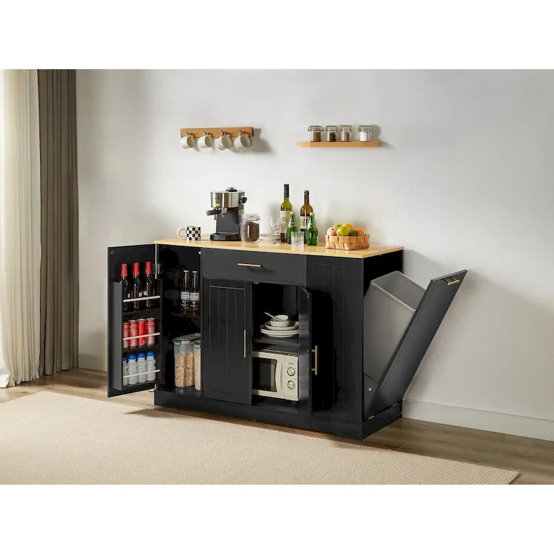 Kitchen Island with Tilt Out Trash Can Holder, Mobile Islands Table with Drawer, Adjustable Shelves & 3 Layer Open Side Racks