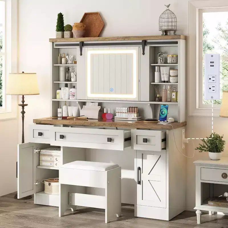 Antique White Farmhouse Makeup Vanity Desk with Sliding Mirror, 1-Person