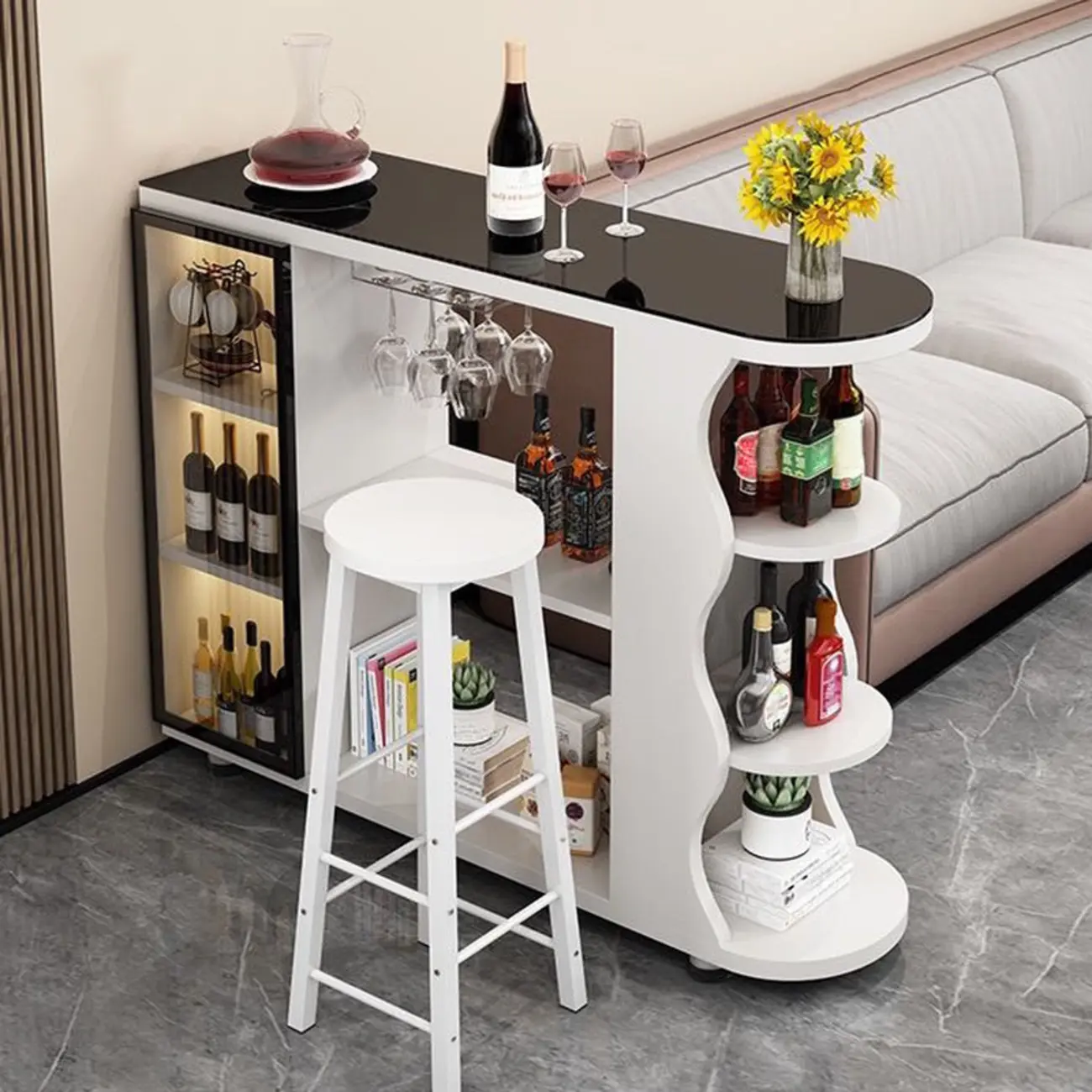 Modern Stone Top Freeform Bar Table with Storage for Home Bars