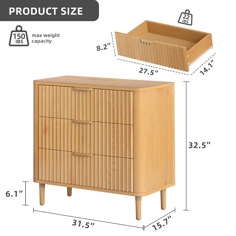 Moasis Modern Fluted 3-Drawer Dresser Chest of Drawers Natural Oak
