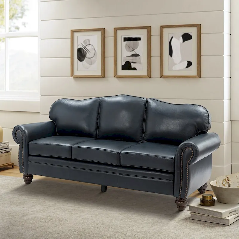 Balvino 81 Wide Transitional Genuine Leather Rolled Arm Sofa with Nailhead Trim and Removable Cushions