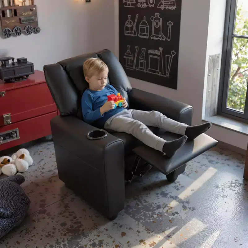 Kids Recliner Chair with Cup Holder – Beige / Black / Brown / Pink, Push-Back Style, 1-Seat
