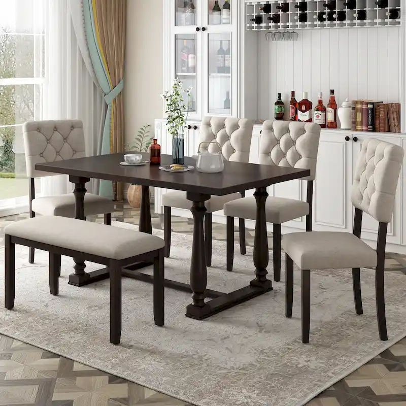 Nestfair 6-Piece Dining Table Set with 4 Chairs and 1 Bench