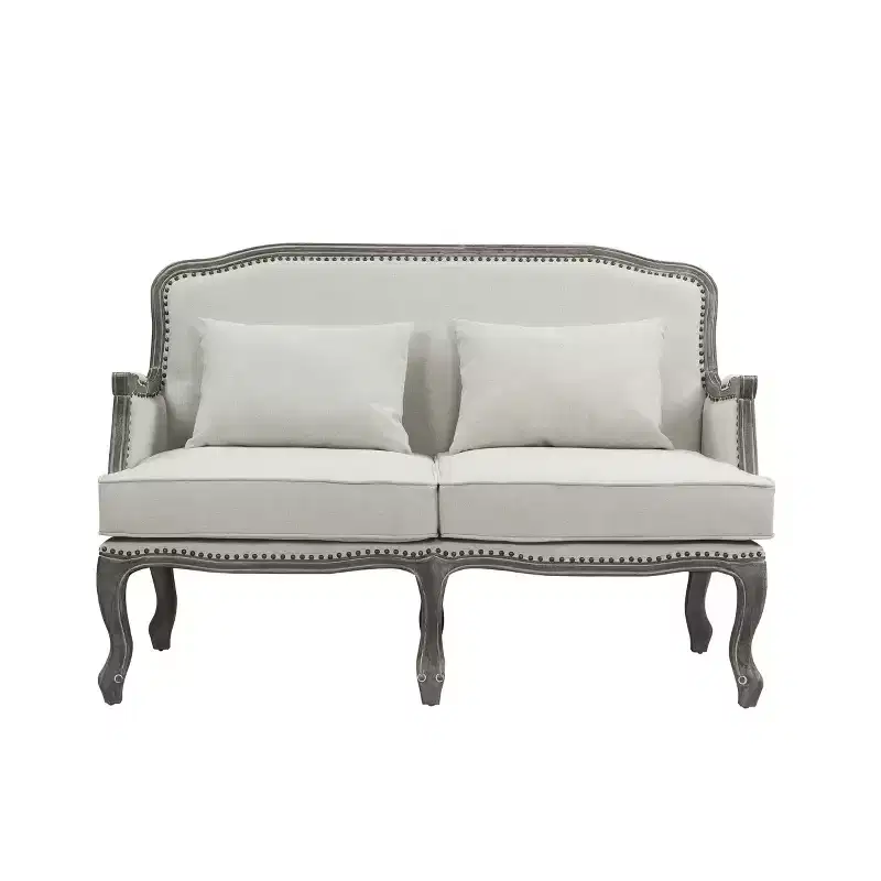 56" Tania Sofas Cream Linen and Brown Finish - Acme Furniture: French Cabriole, Nailhead Trim, No Assembly Required