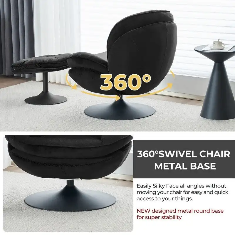 Velvet Swivel Accent Chair with Ottoman Round Reading Accent Chair Foot Stool Ottoman Set,360 Swivel,Metal Frame