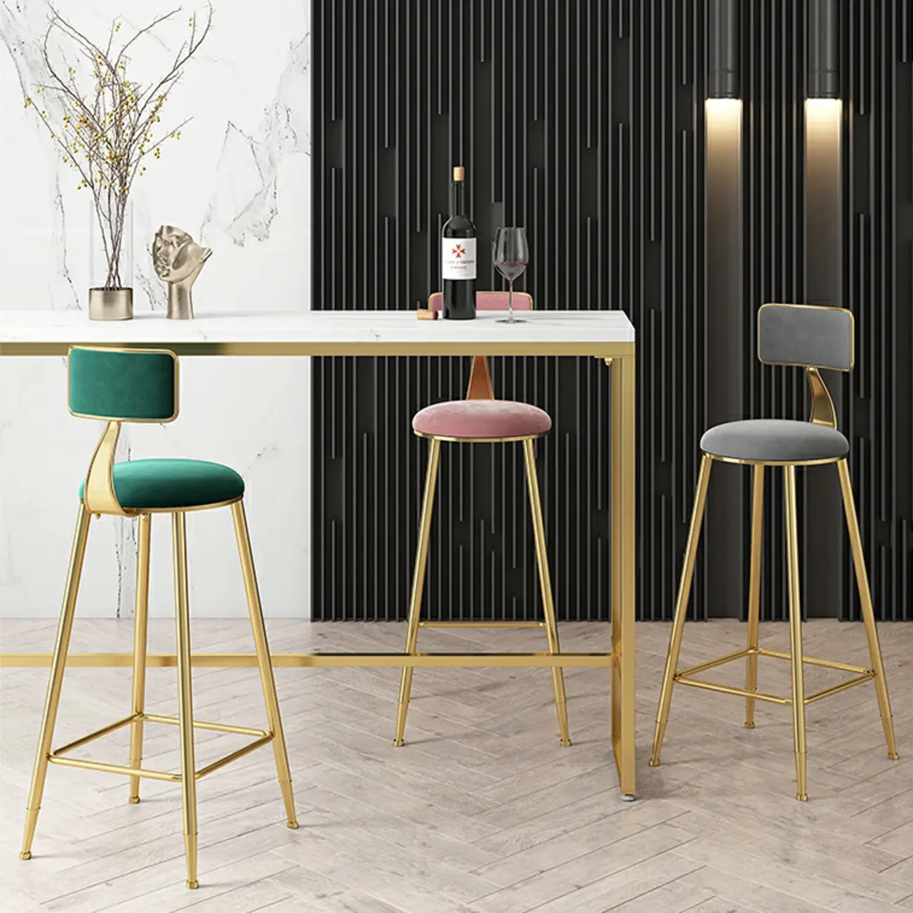 Glam White Marble Gold Iron Trestle Footrest Bar Tables