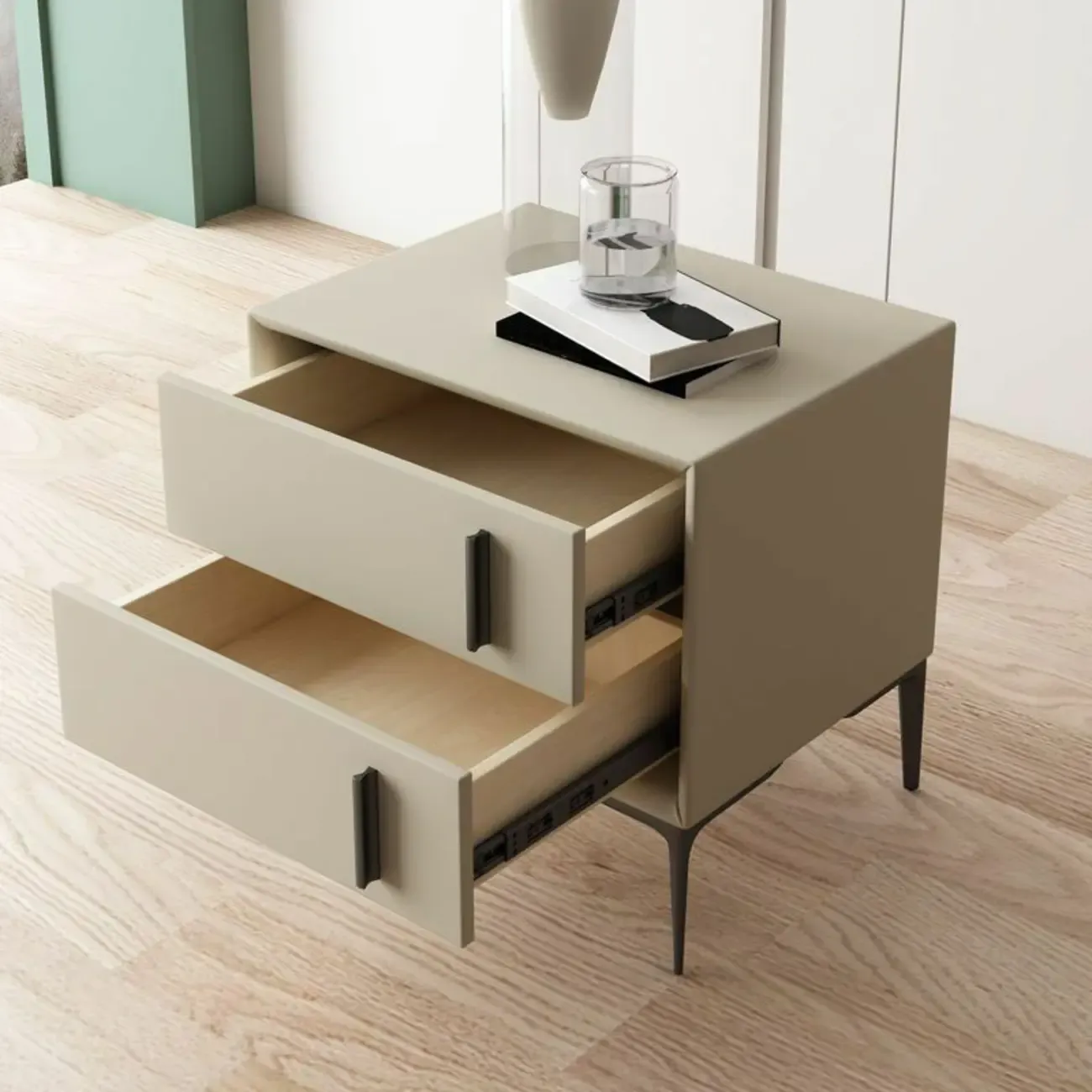 Modern Apricot Faux Leather Wood 2-Drawer Nightstand