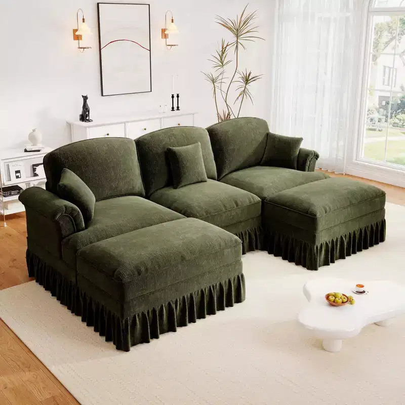 MooxvMoo 107in Chenille Midcentury Modern Sofa U Shaped Couch, with Detachable Ruffle Hem, Sectional Couches W/ Throw Pillows & 2 Ottoman, Green