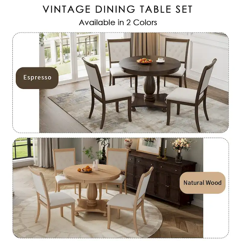 5 Piece Dining Table Set, Solid Wood Kitchen Dining Room Table Set with Round Dining Table and 4 Upholstered Chairs