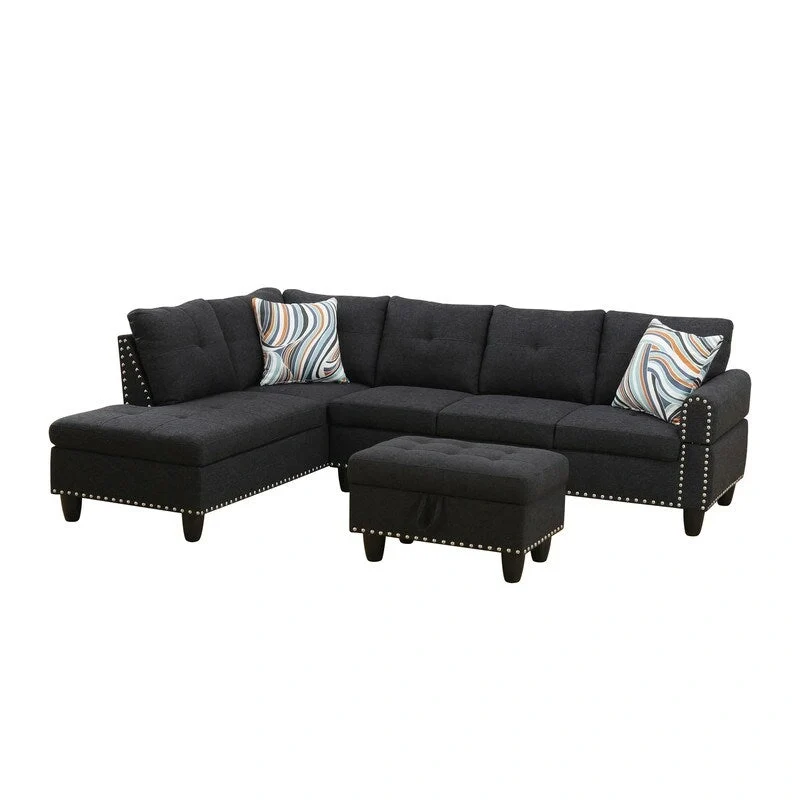 Rivet-Embellished 3-Piece Black Grey Linen Sofa Set - Elevate Your Living Room Style