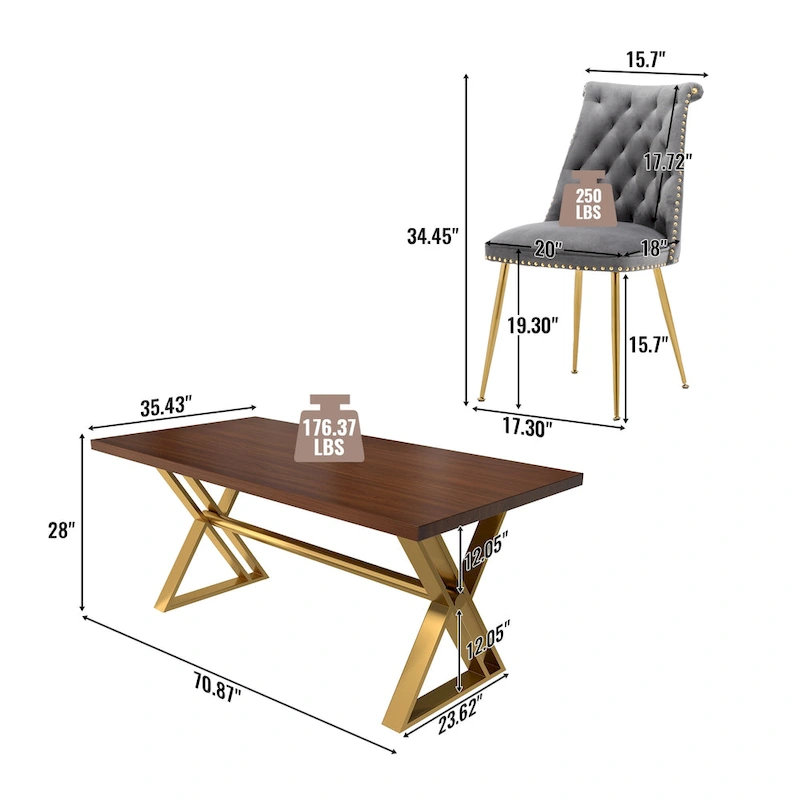 7-Piece Clihome Walut Wood Dining Table with Velvet Chair Dining Chair