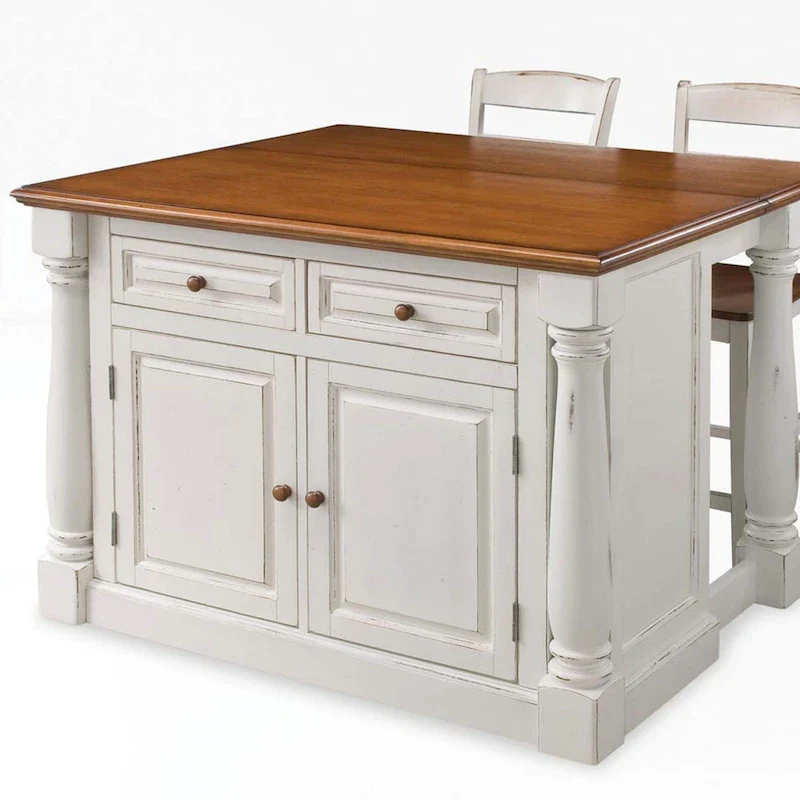 3-Piece Off-White Wood Kitchen Island Set with Drop Leaf Wood Top - 48' x 25' x 36'