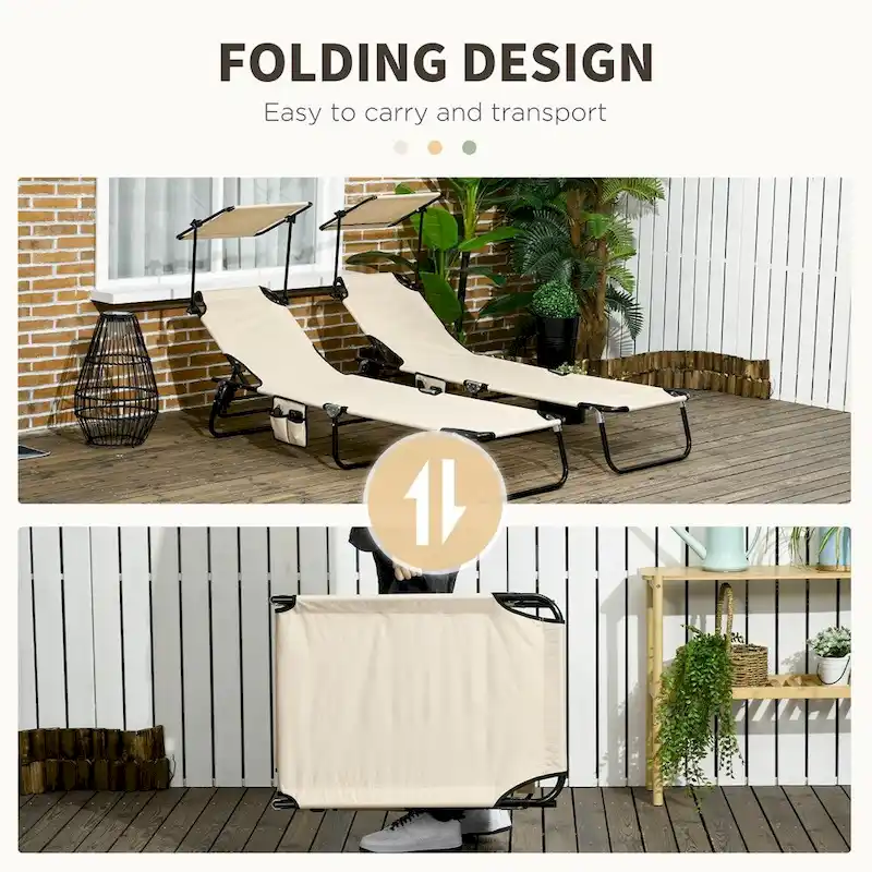2 Piece Steel Frame Folding Chaise Lounge with Canopy Shade and Pocket
