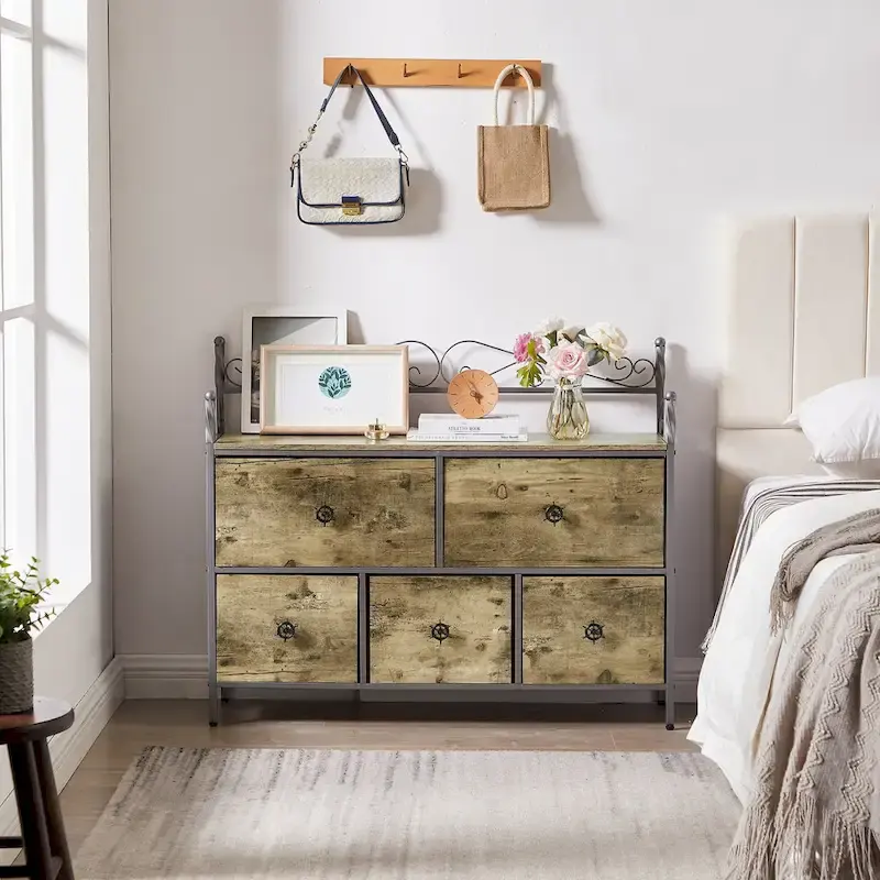 4-Pieces Bedroom Set with Drawer and Nightstands Set of 2, 5-Drawer Dresser, Brown/Grey Set