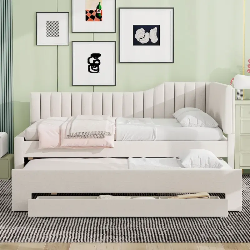 Full Size Upholstered Daybed with Trundle and Three Drawers, Gray