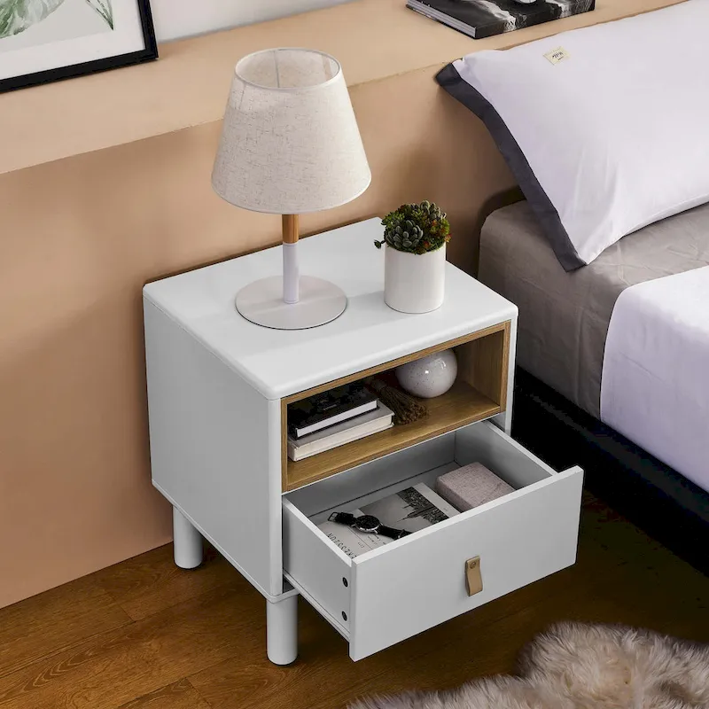 Nightstand - MDF & Solid Wood, 1 Drawer, Open Shelf, Leather Handles, 18.9W x 21.65H, Modern