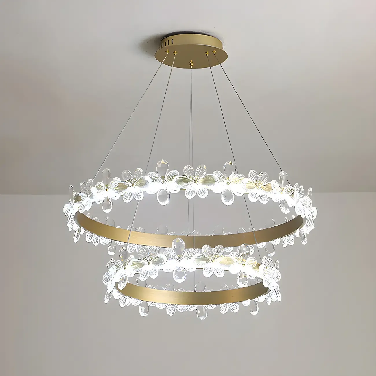 Modern Gold Dimmable LED Flower Crystal Ring Chandelier