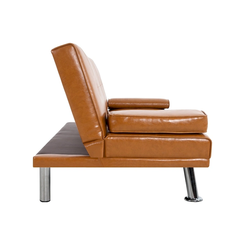 Futon Sofa Bed Couch with Armrest & Cupholders, Faux Leather Sofa Bed Couch Convertible Folding Reclining Small Couch