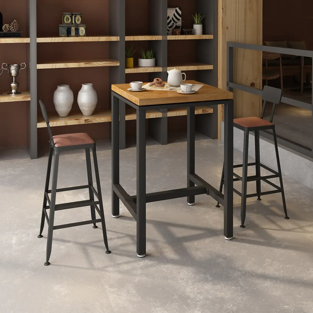 Square Wooden Top Iron Footrest Bistro Table