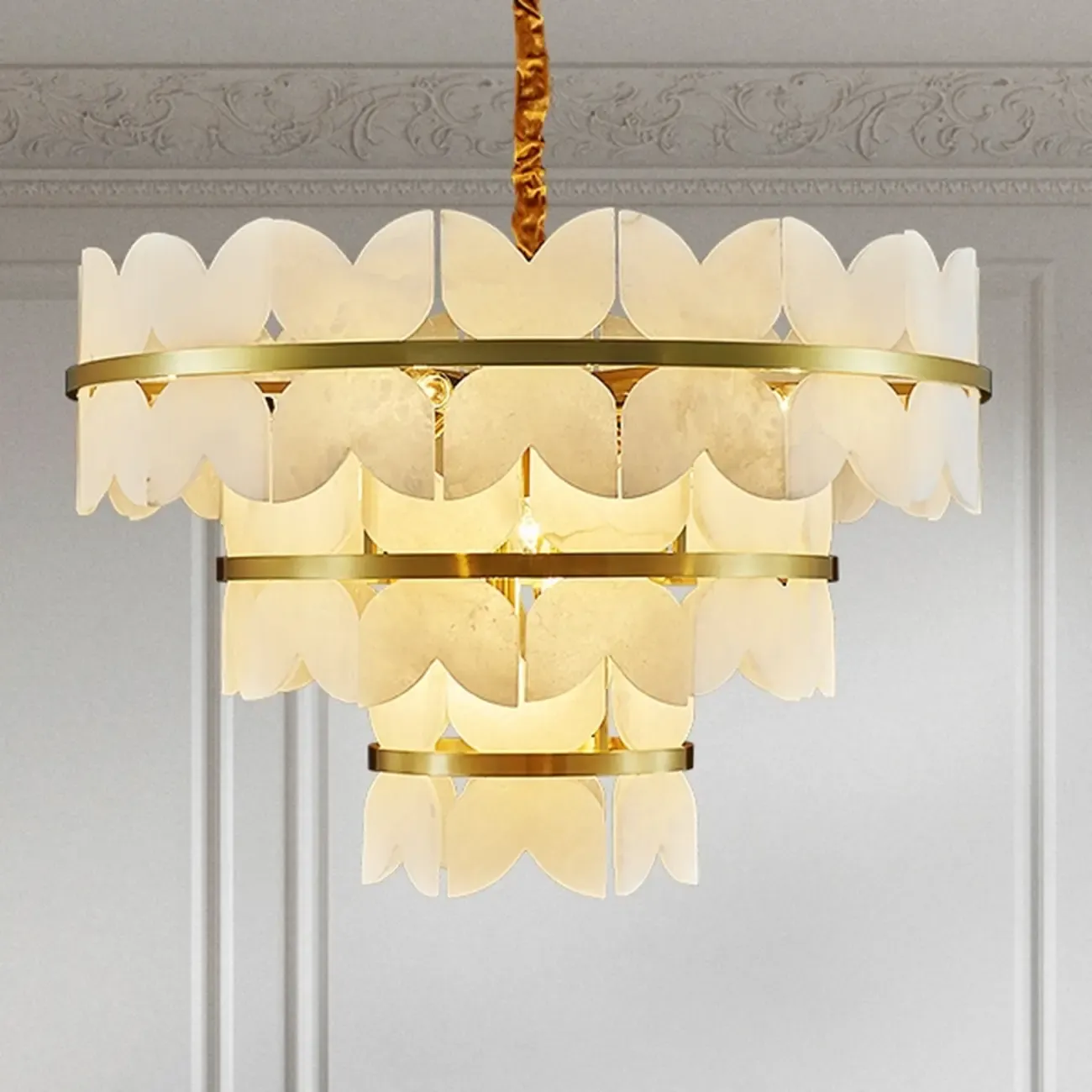 Luxurious Round Gold Tiered Alabaster Chandelier