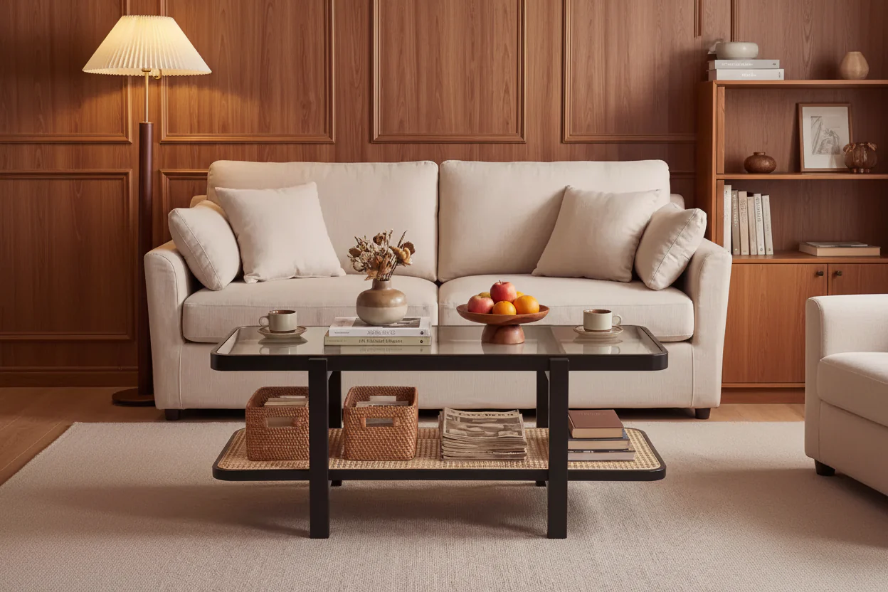 2-Tier Rustic Coffee Table with Storage Tempered Glass Tabletop PE Rattan Shelf Brown & Natural/Brown/Black