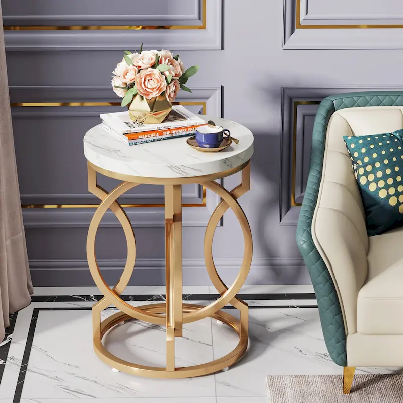 Gold End Table, Round Side Table with Faux Marble Top