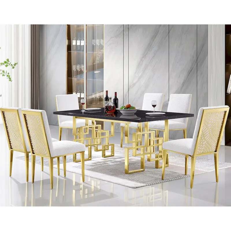 Luxurious White Boucle Dining Chairs with Polished Gold Metal Legs