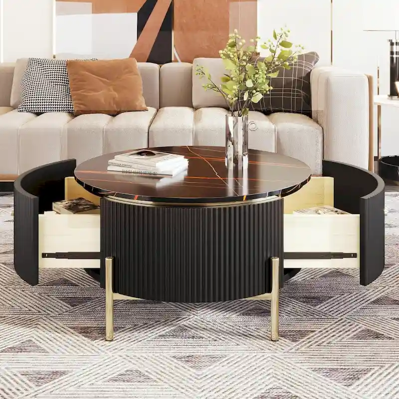 31.5 Modern Round Coffee Table with Large Drawer Storage