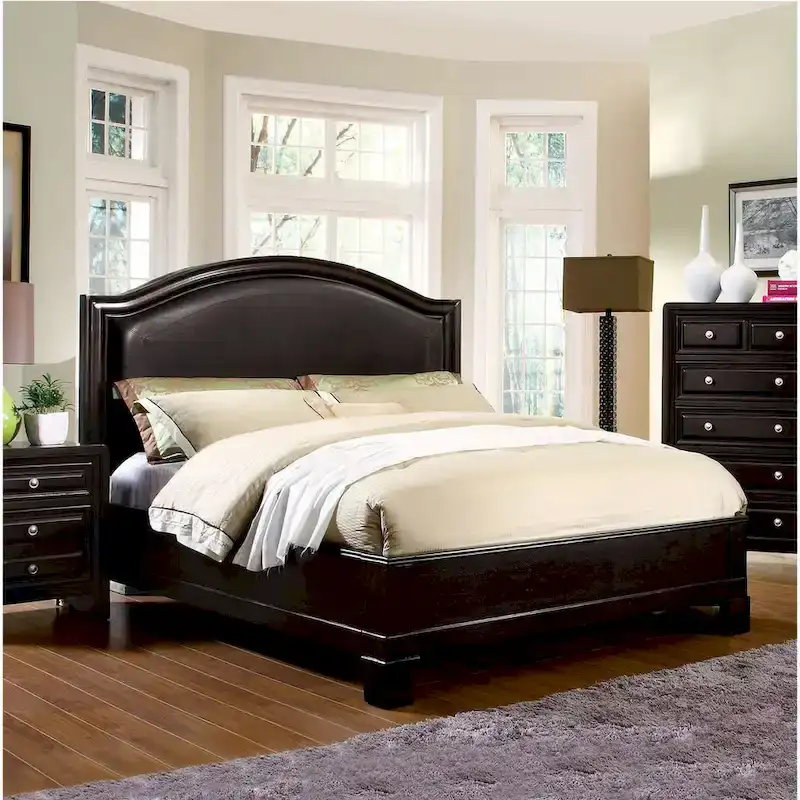 Newport Furnishings Traditional Espresso Padded Platform Bed with Faux Leather Headboard