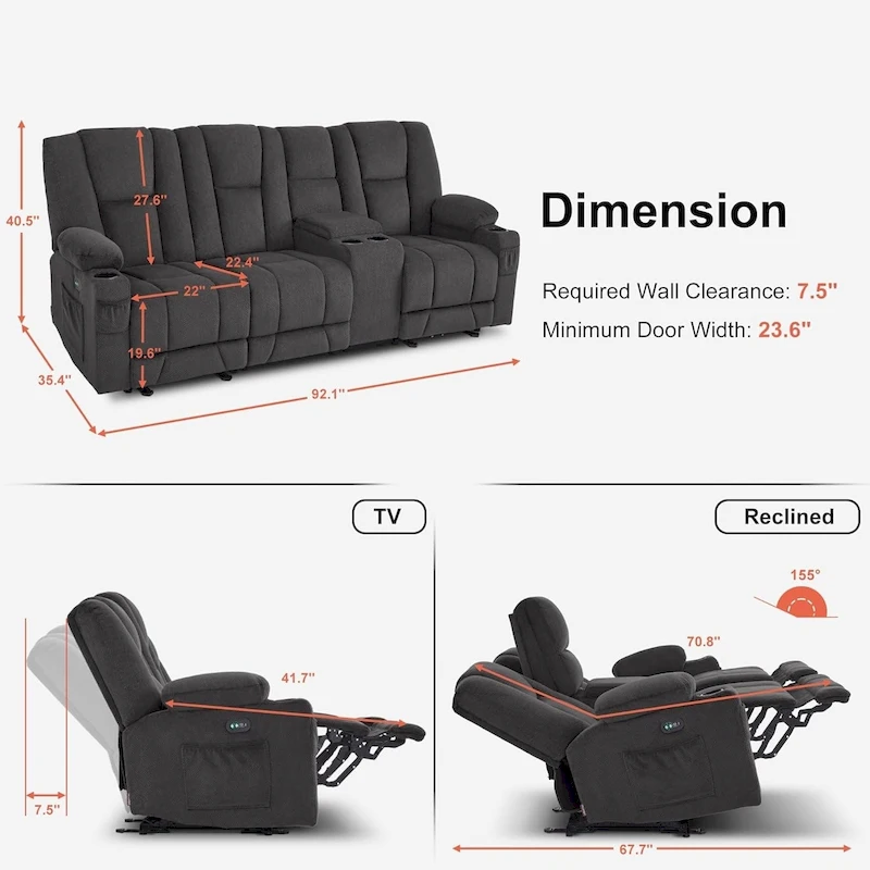 MCombo Electric Power Reclining Sofa with Massage and Lumbar Heat, Fabric 6015/6025/6035/6045