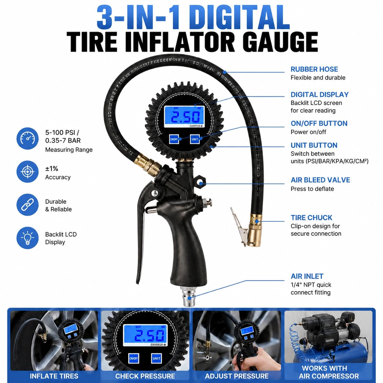 SEAPENG DP-101 Digital Tire Inflator Gauge, 5-220 PSI for cars, trucks, RVs and garages