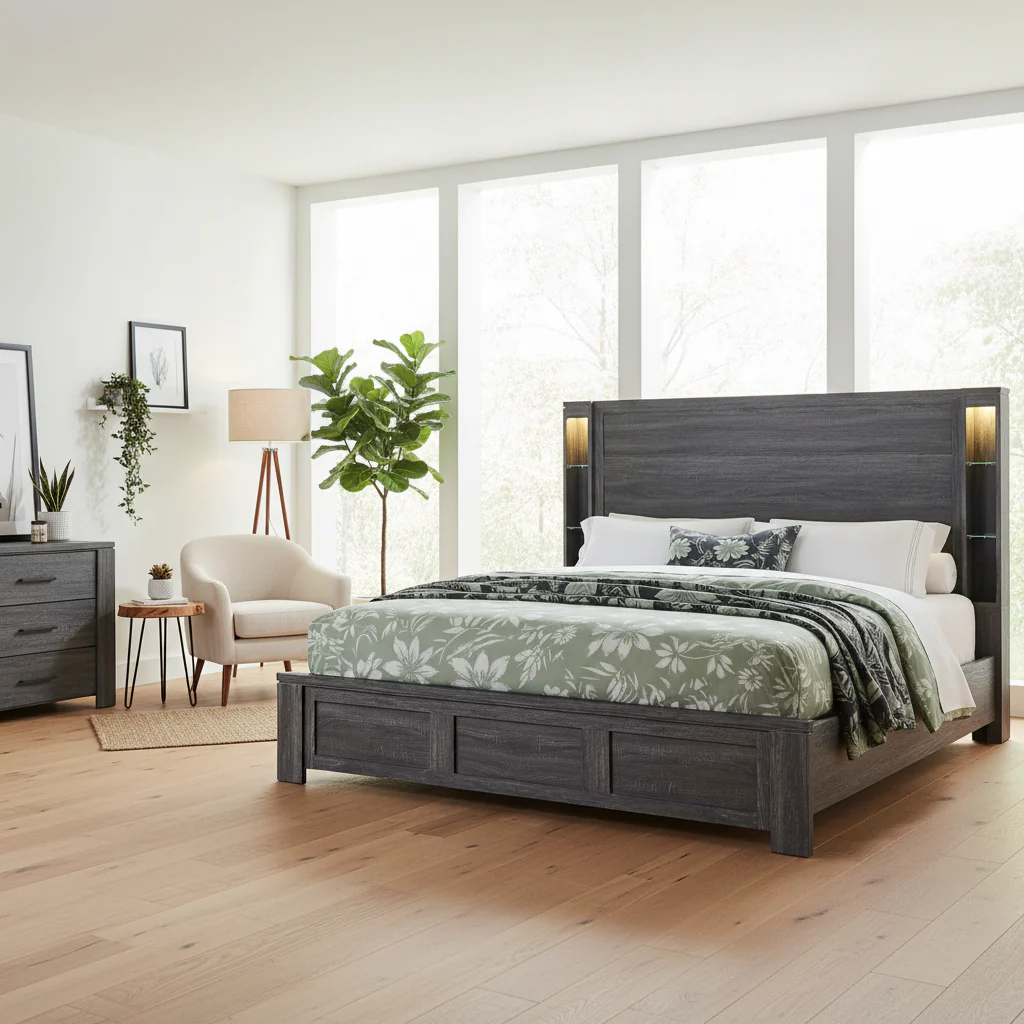 Dark Gray Distressed Wood Lighted King Bed Frame