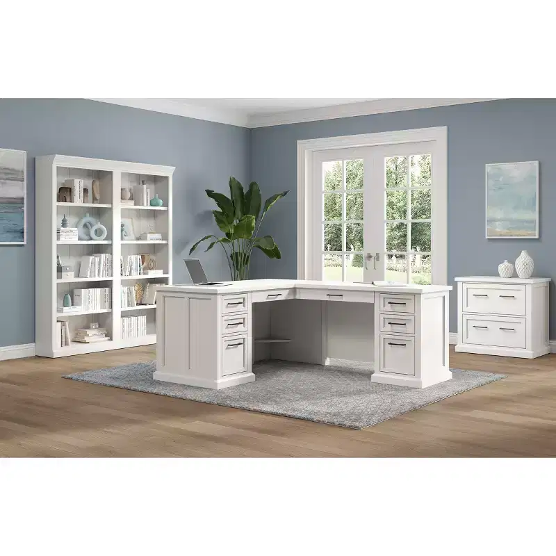 L-Shaped Pedestal Desk with Storage White: Modern Shaker Doors, Bead Board Panels, Built-in Power