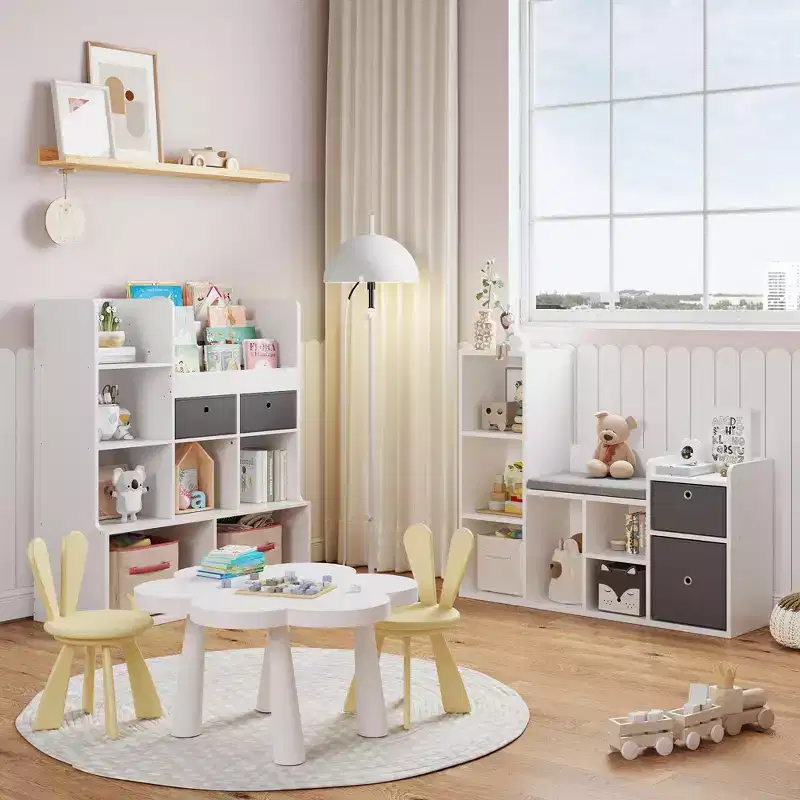 GustoWave Kids Bookshelf 44.1in Width Toy Storage Organize White Bookcase Seat Cushion Wooden 6-Cubby Storage Bench 2 Drawers Toddler Cabinet Shelf