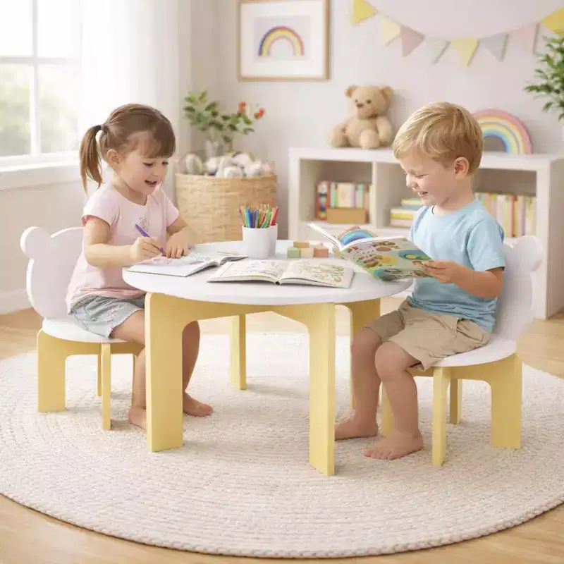White Round Kids Table & 2 Chairs Set, 3-Piece, Ages 1–5
