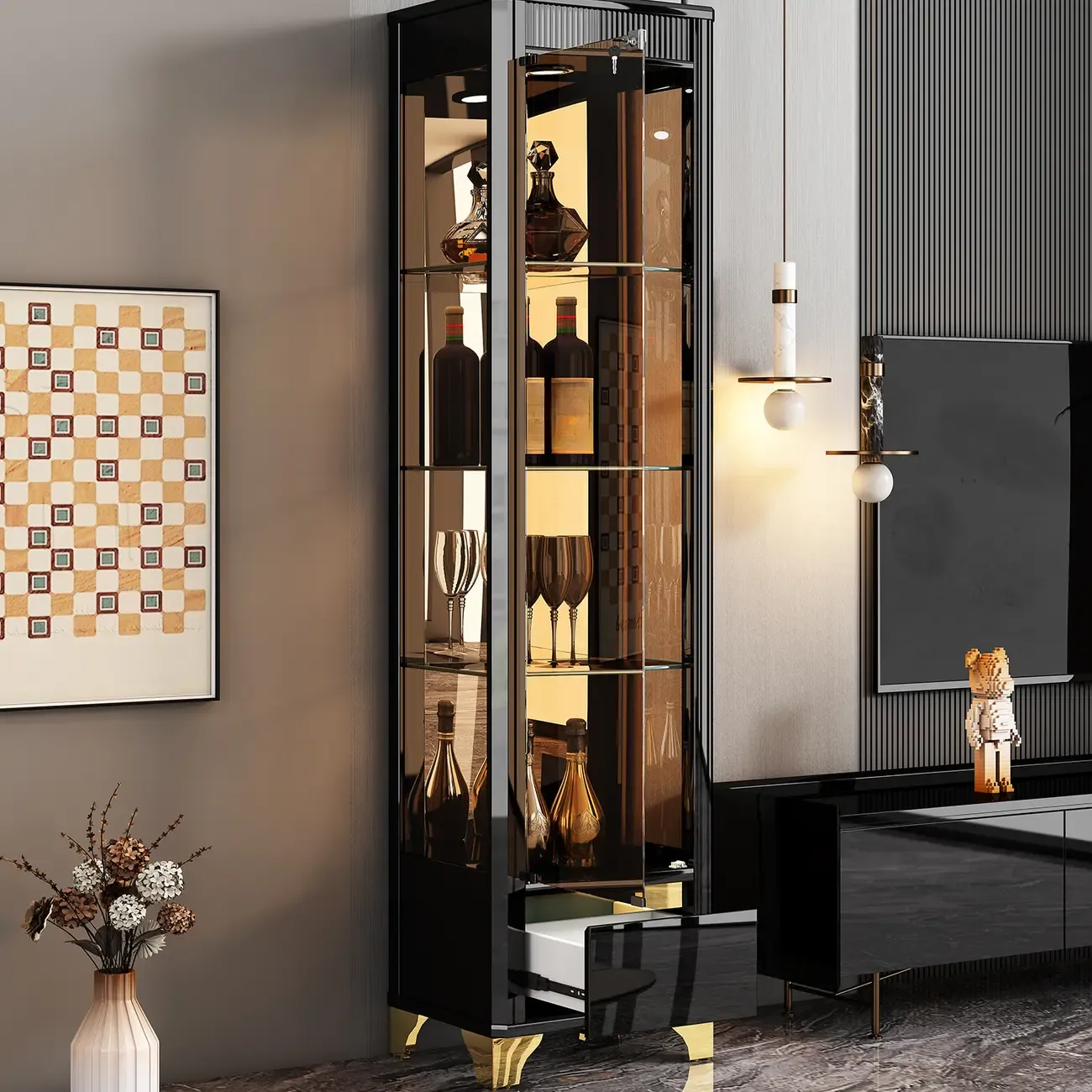 Elegant Black Gold Legs Glass Display Cabinet