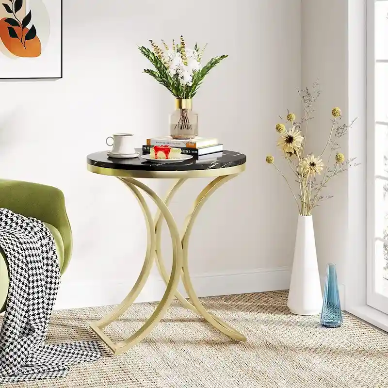 Small Modern Round Side Table End Table Nightstand with Gold Metal Frame and Faux Marble Veneer Engineered Wood for Living Room