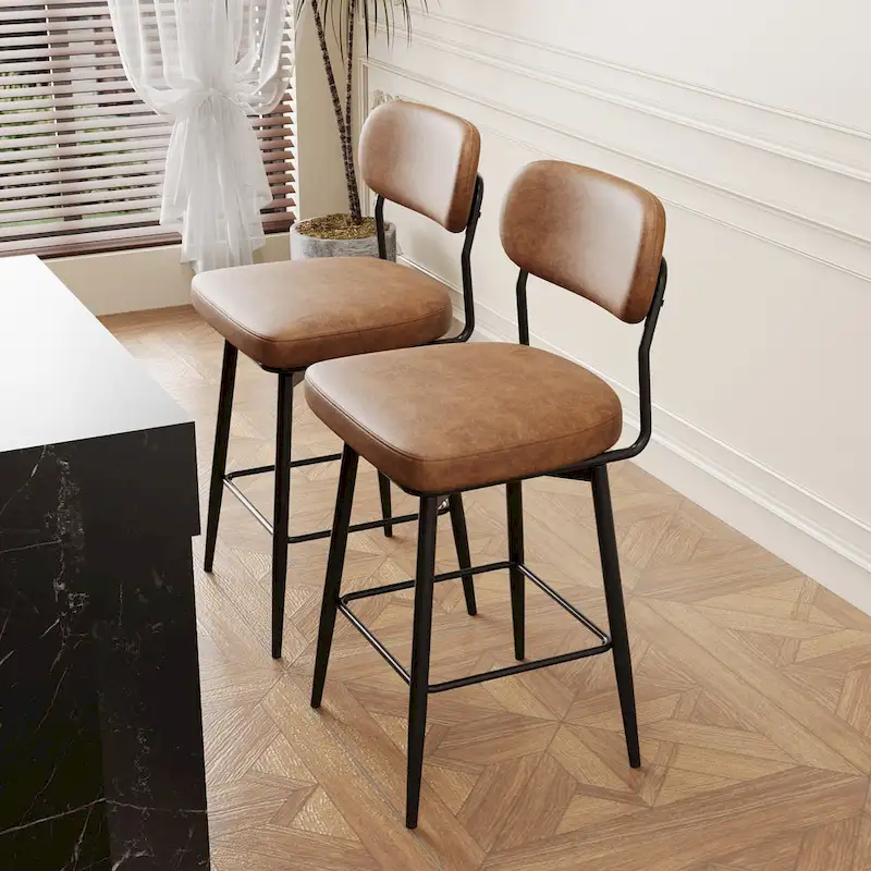 Leather Swivel Bar Stools with Iron Base - Set of 2