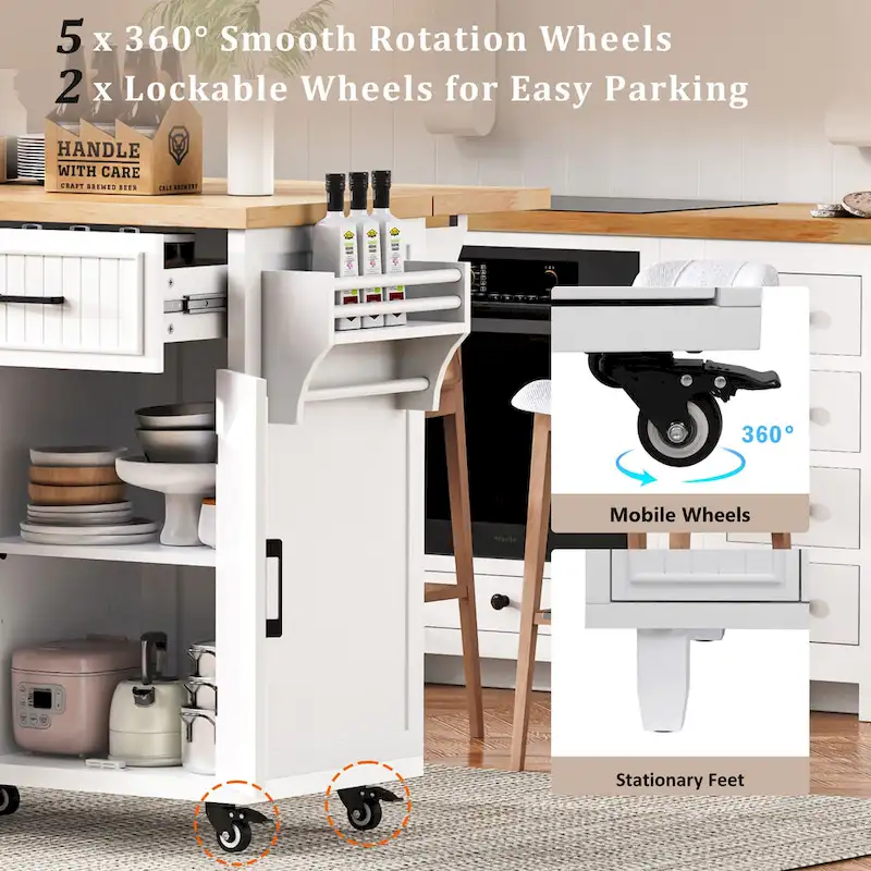 56.5 Kitchen Island with Drop Leaf and Charging Station, Rolling Kitchen Cart on Wheels with Drawers and Adjustable Shelves