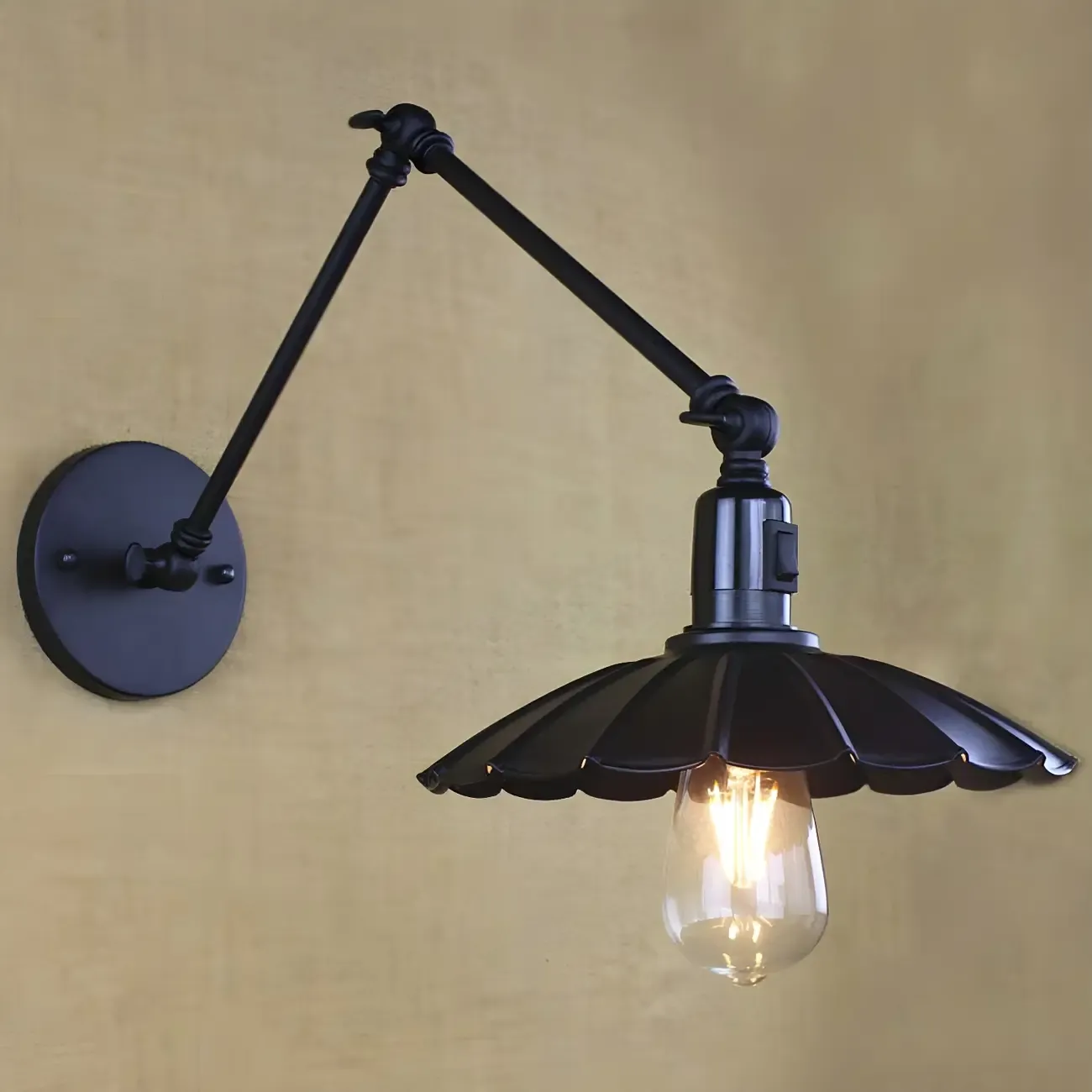 Metal Black Swing Arm Wall Light with Scalloped Shade