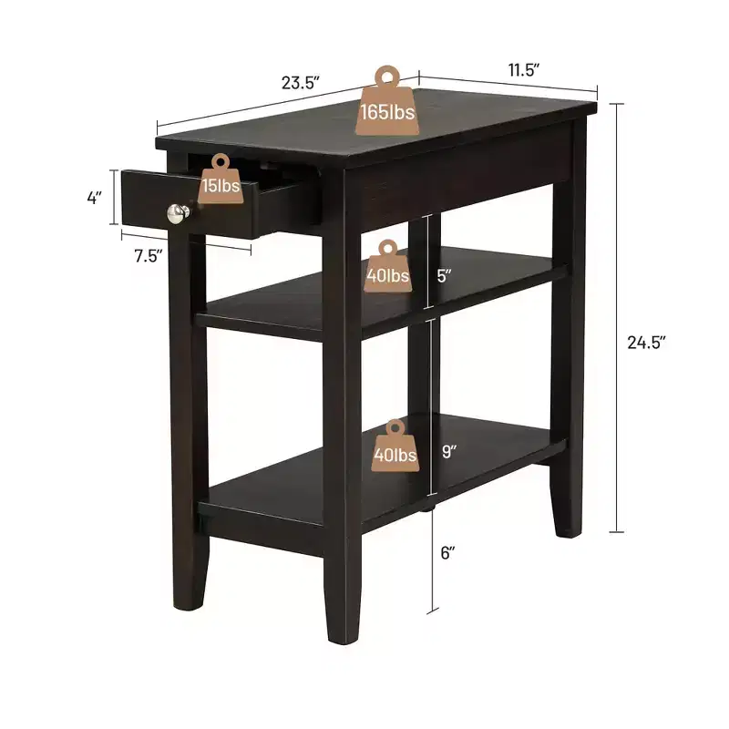 Costway 2PCS 3-Tier End Table Sofa Side Table Nightstand w/ Shelf & Drawer